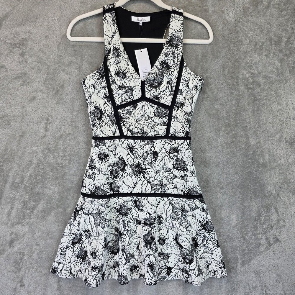 Parker Dress Womens XS Black Ivory White Floral P5A2577ARS Sleeveless Fit Flare